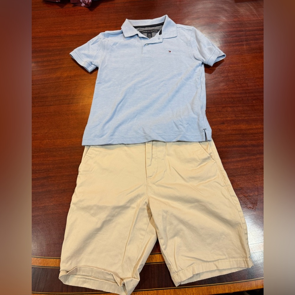 Tommy Hilfiger Light Blue Polo and Cream Shorts Set for Boys